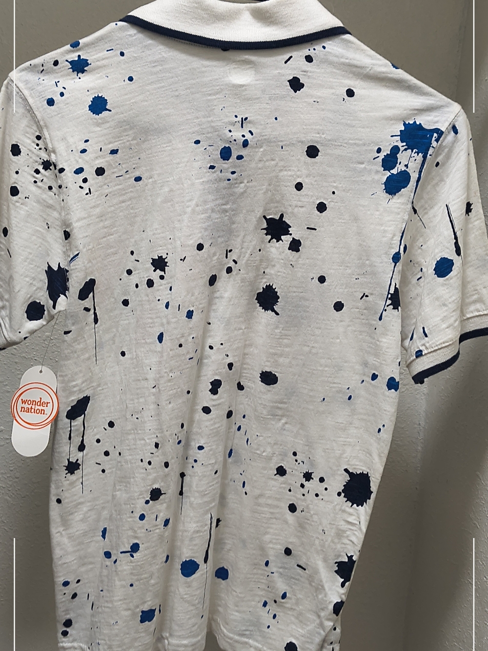 wonder nation White Polo with Blue Paint-Splash Design